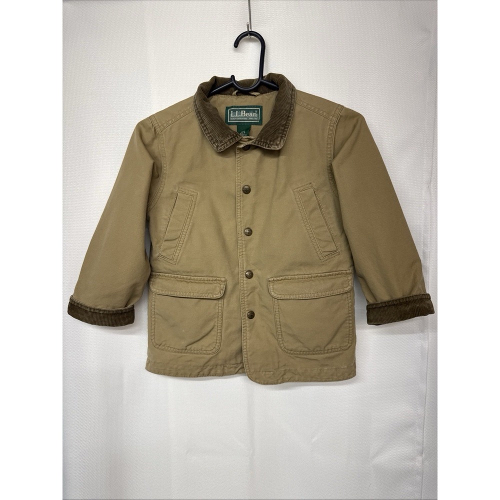 LL Bean Kids Corduroy Collar Tan Brown Barn Chore Jacket Sz 5-6 Flannel Lining